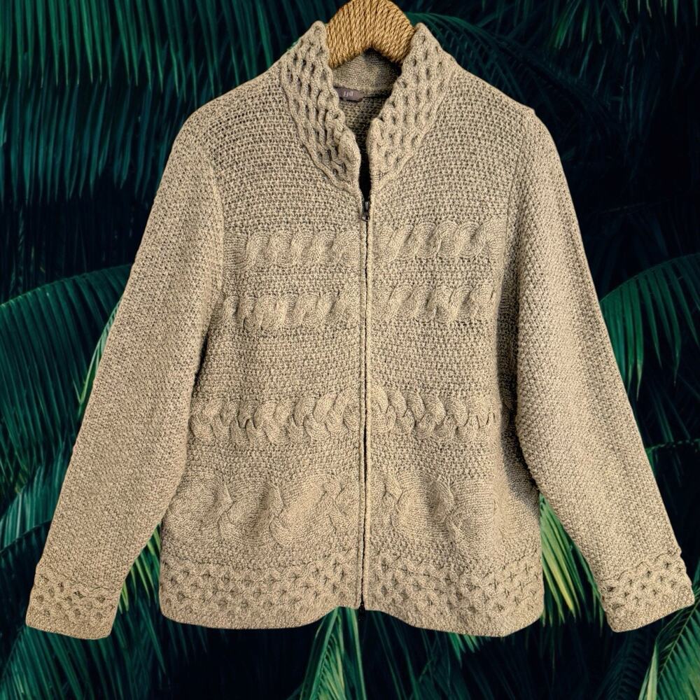 J. Jill Chunky Cable Knit Full 2 way‎ Zip Cardigan Sweater Sz XL 48"Bust Ivory